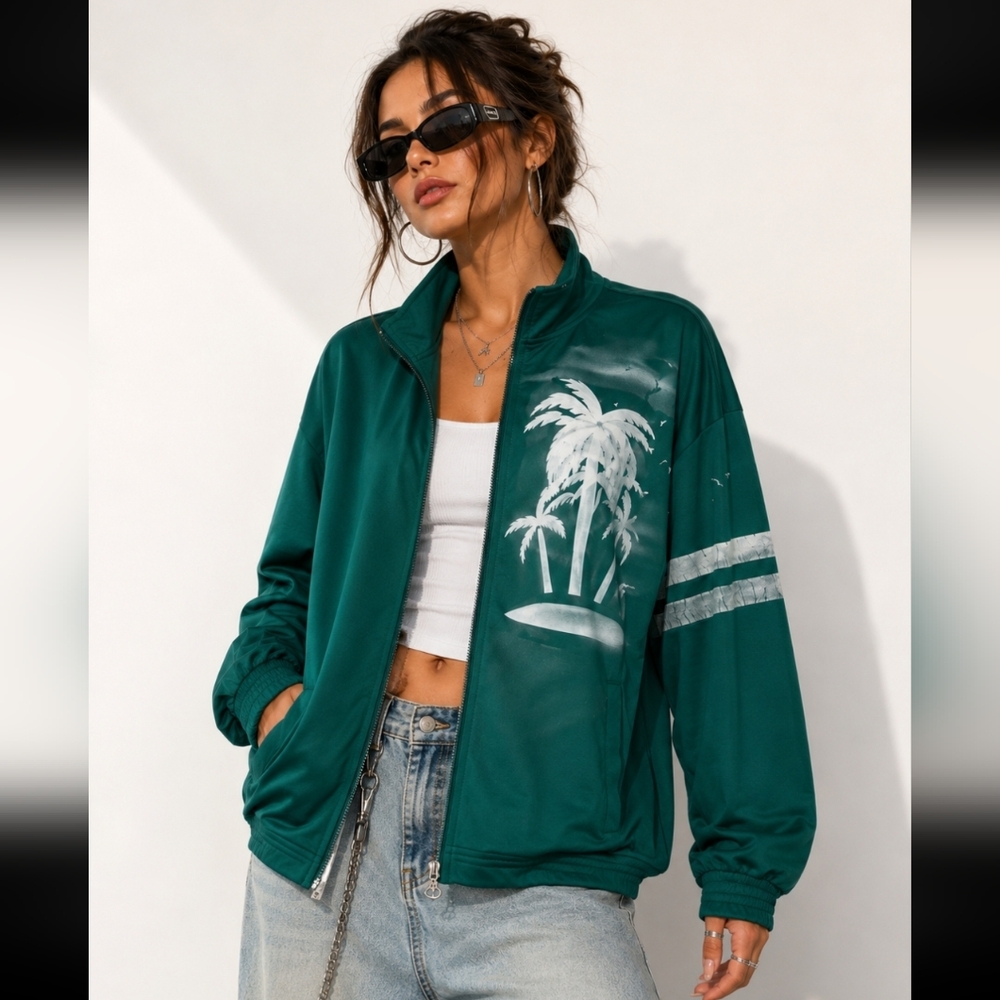 Champion Green Mesh Track Jacket featuring a palm tree graphic
